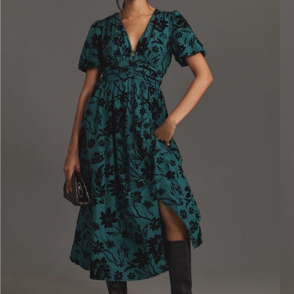 Anthropologie Katrina Teal and Black Velvet Floral Midi Dress